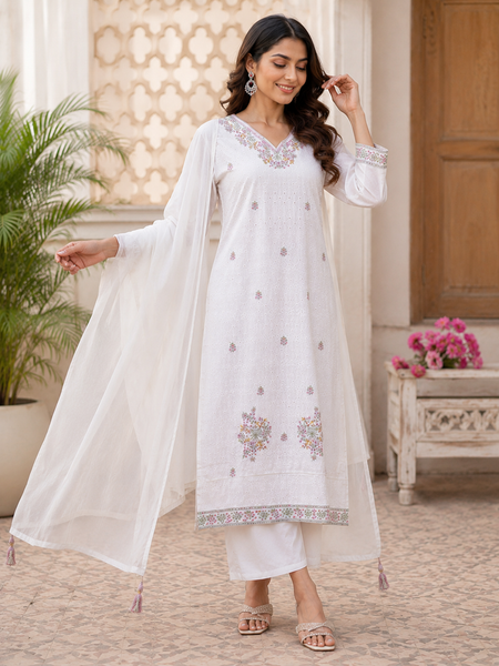Miramaar Women's White Serenity Ensemble Kurta & Dupatta Set