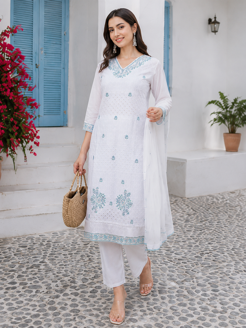 Miramaar Women's White Regal Ensemble Kurta & Dupatta Set