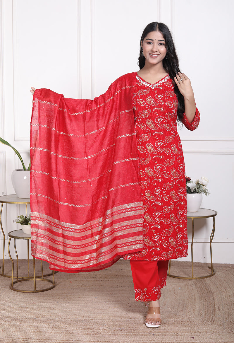 Miramaar Women's Brown Printed Cotton V-Neck Straight Kurta Pant with Dupatta