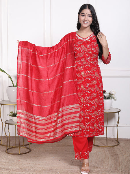 Miramaar Women's Red Cotton Straight V-Neck Kurta Set with Dupatta