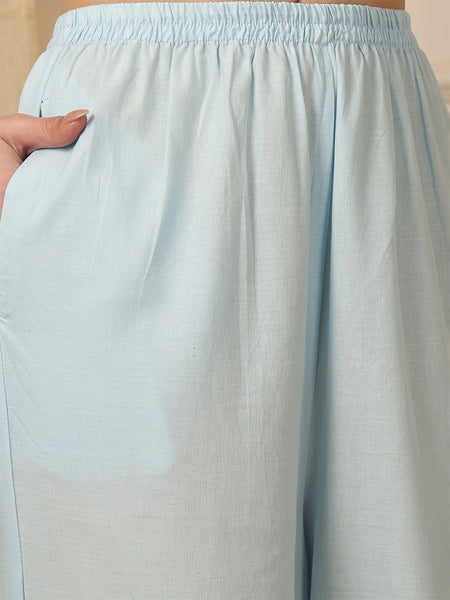 Miramaar Women's Sky Blue Cotton Anarkali Embroidered Kurta pant with Dupatta