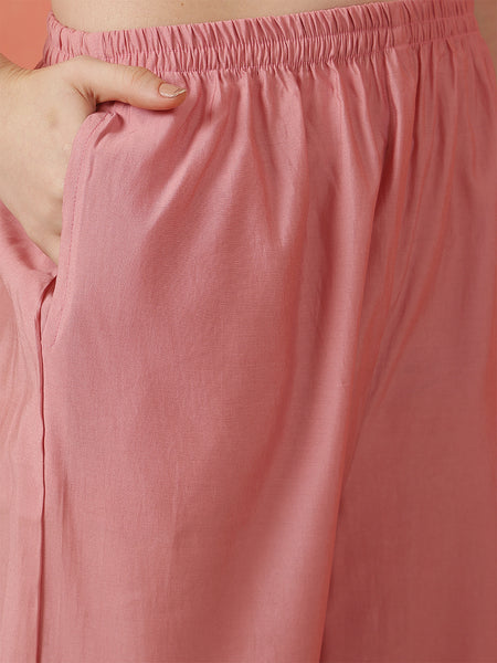 Miramaar Women's Pink Roman Silk Adda Work Straight Kurta Dupatta Set