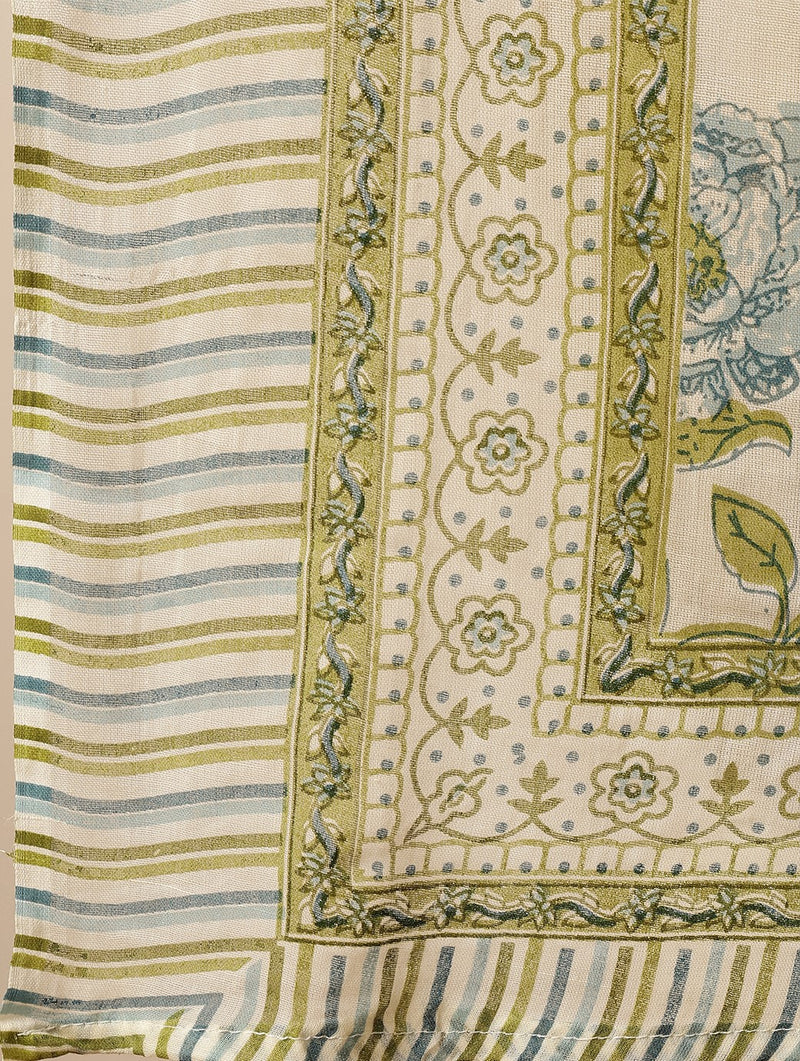 Miramaar Women's Beige & Green Katha Work Round Neck Kurta Pant with Dupatta