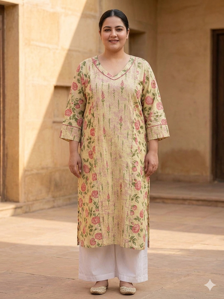 Miramaar Women's Beige Cotton Straight Kurti