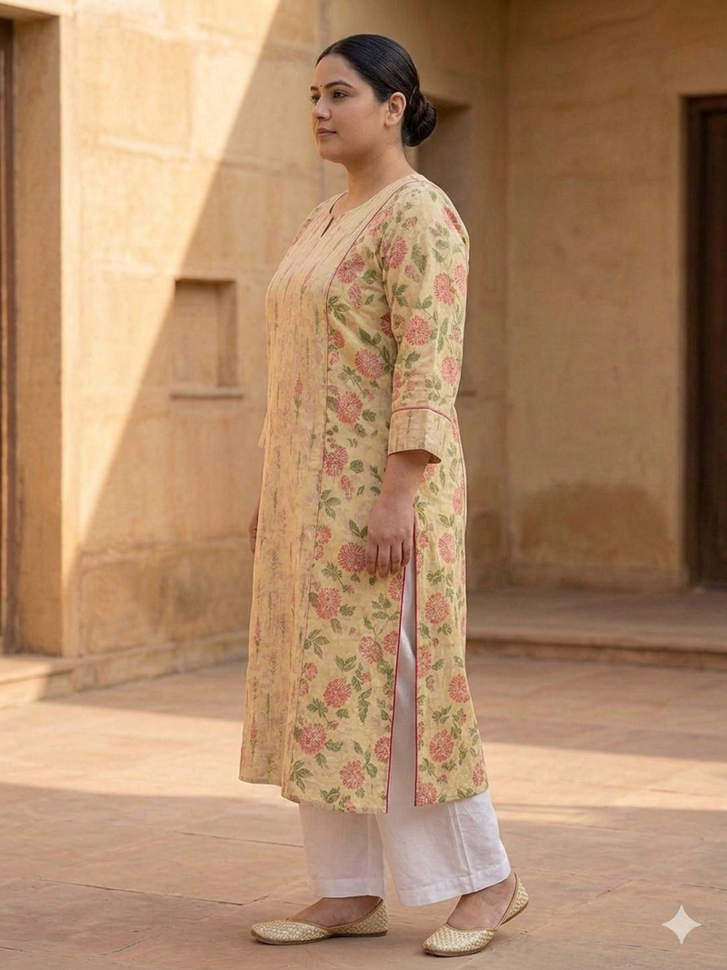 Miramaar Women's Beige Cotton Straight Kurti