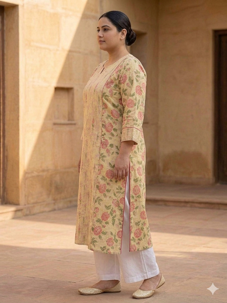 Miramaar Women's Beige Cotton Straight Kurti