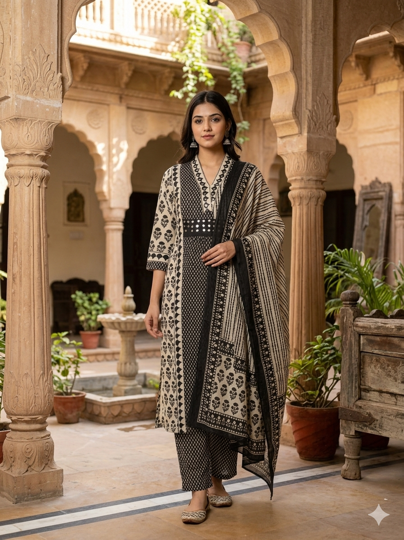 Miramaar Women's Black Printed Cotton Kurta Set with Dupatta