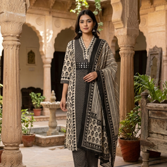 Miramaar Women's Black Printed Cotton Kurta Set with Dupatta