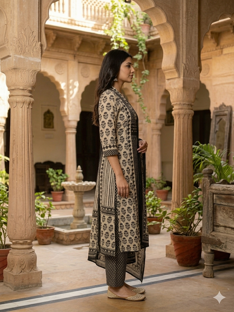 Miramaar Women's Black Printed Cotton Kurta Set with Dupatta