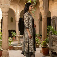 Miramaar Women's Black Printed Cotton Kurta Set with Dupatta