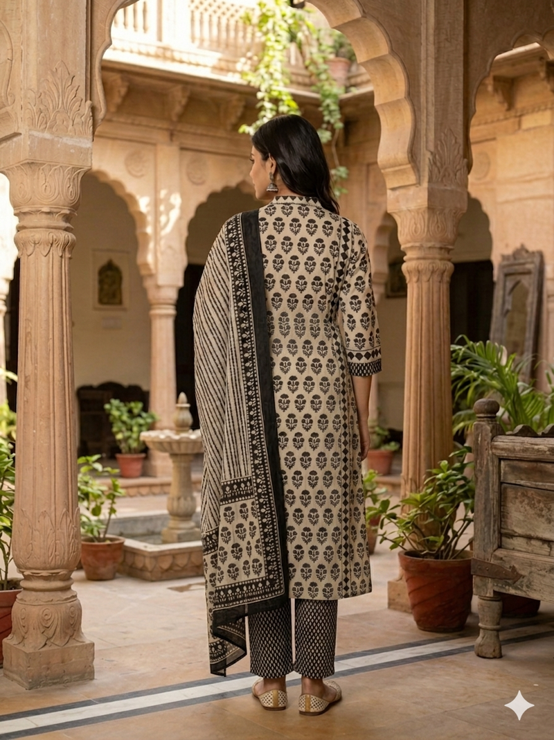 Miramaar Women's Black Printed Cotton Kurta Set with Dupatta