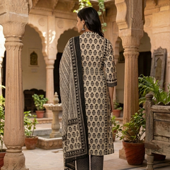 Miramaar Women's Black Printed Cotton Kurta Set with Dupatta