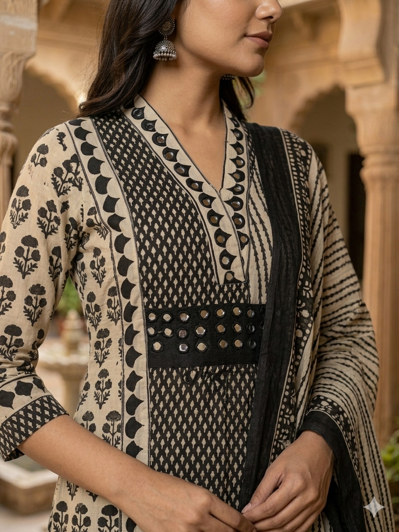 Miramaar Women's Black Printed Cotton Kurta Set with Dupatta