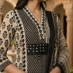 Miramaar Women's Black Printed Cotton Kurta Set with Dupatta