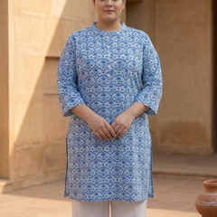 Miramaar Women's Blue Printed Cotton Short Kurti