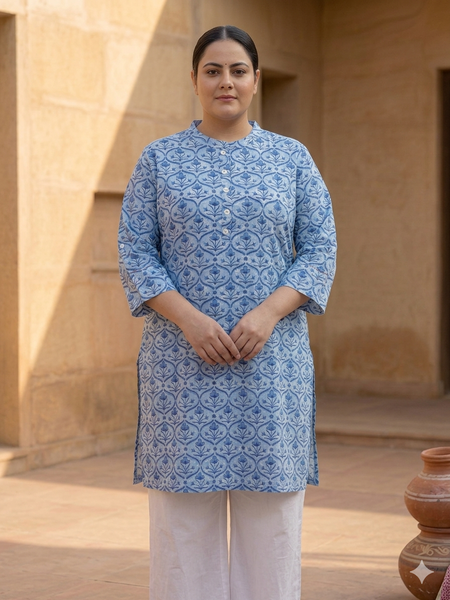 Miramaar Women's Blue Printed Cotton Short Kurti
