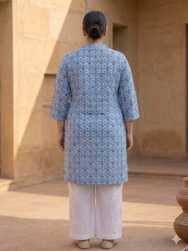 Miramaar Women's Blue Printed Cotton Short Kurti