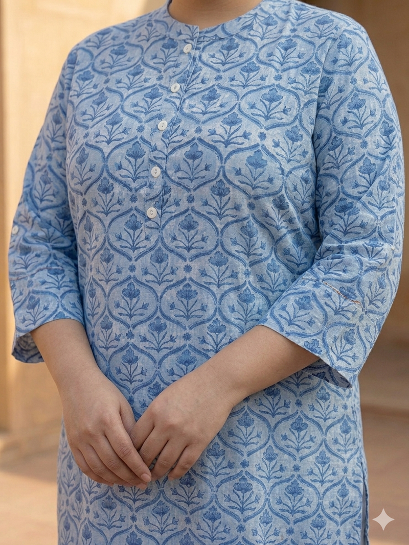 Miramaar Women's Blue Printed Cotton Short Kurti