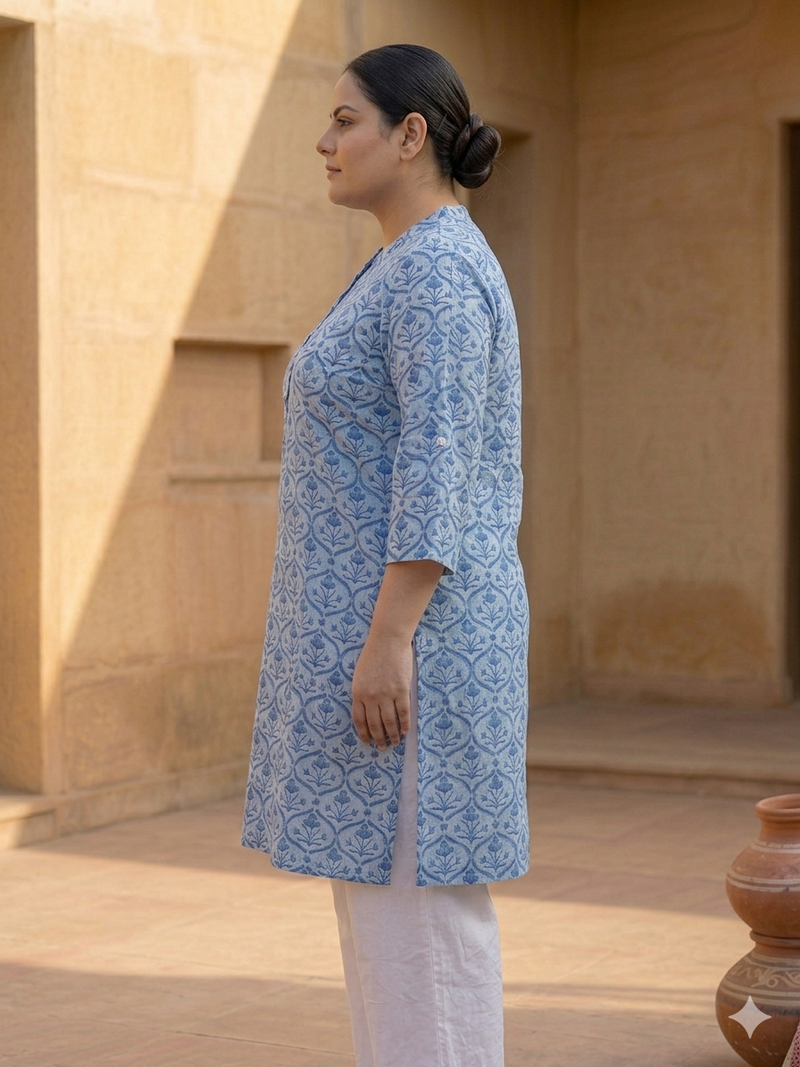 Miramaar Women's Blue Printed Cotton Short Kurti