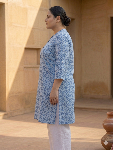 Miramaar Women's Blue Printed Cotton Short Kurti