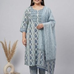 Miramaar Women's Blue Printed Cotton Kurta Set with Dupatta