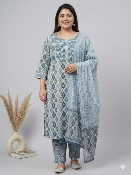 Miramaar Women's Blue Printed Cotton Kurta Set with Dupatta