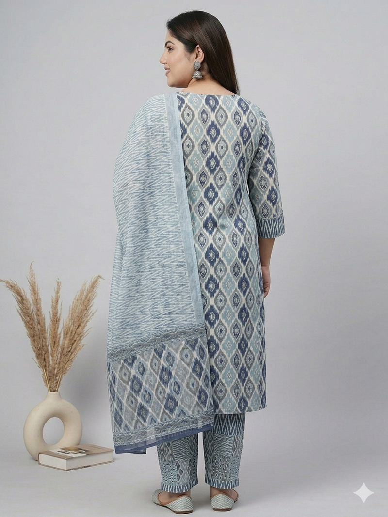 Miramaar Women's Blue Printed Cotton Kurta Set with Dupatta