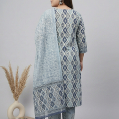 Miramaar Women's Blue Printed Cotton Kurta Set with Dupatta