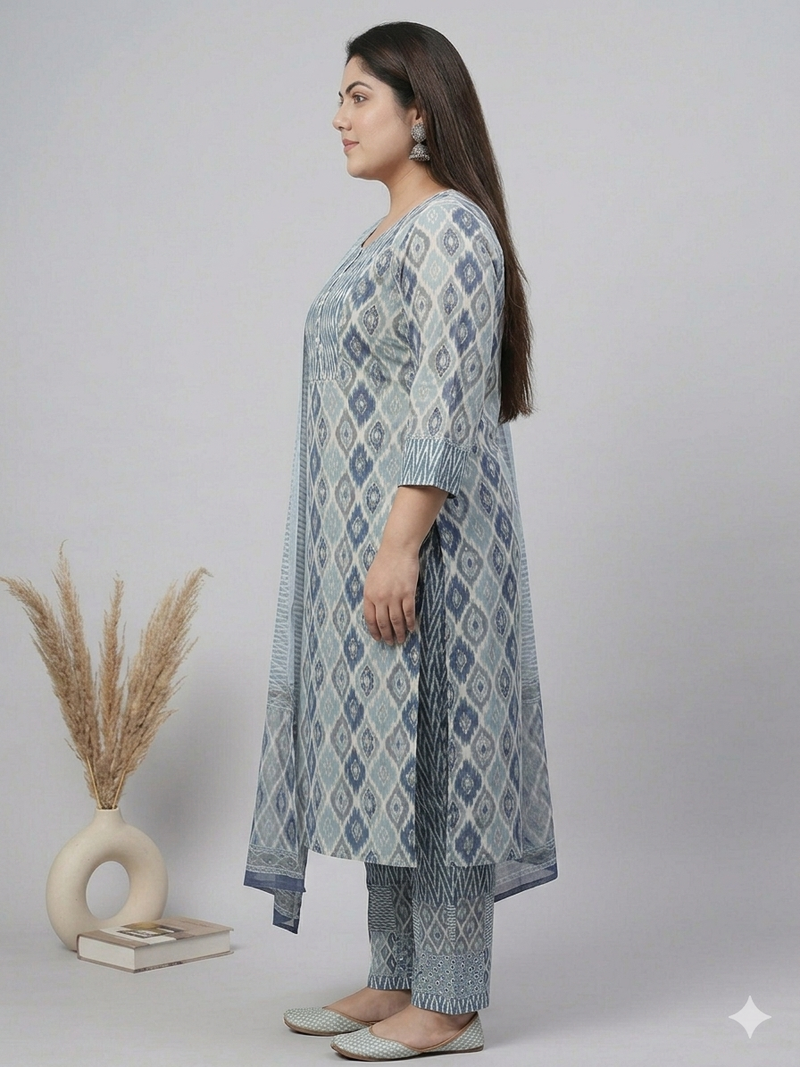 Miramaar Women's Blue Printed Cotton Kurta Set with Dupatta