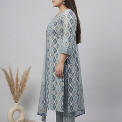 Miramaar Women's Blue Printed Cotton Kurta Set with Dupatta
