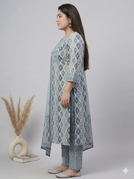 Miramaar Women's Blue Printed Cotton Kurta Set with Dupatta