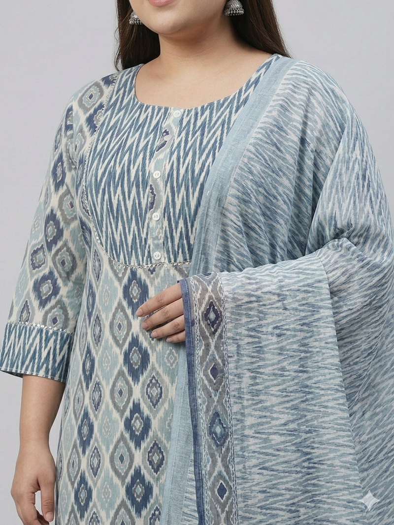 Miramaar Women's Blue Printed Cotton Kurta Set with Dupatta