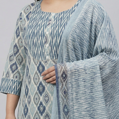 Miramaar Women's Blue Printed Cotton Kurta Set with Dupatta