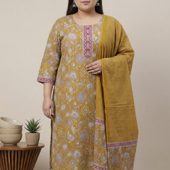 Miramaar Women's Mustard Printed Cotton Straight Kurta Set with Dupatta