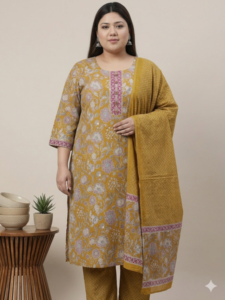 Miramaar Women's Mustard Printed Cotton Straight Kurta Set with Dupatta