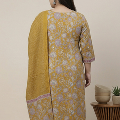 Miramaar Women's Mustard Printed Cotton Straight Kurta Set with Dupatta