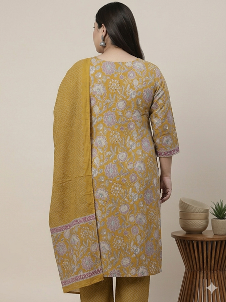 Miramaar Women's Mustard Printed Cotton Straight Kurta Set with Dupatta