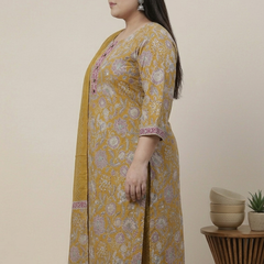 Miramaar Women's Mustard Printed Cotton Straight Kurta Set with Dupatta