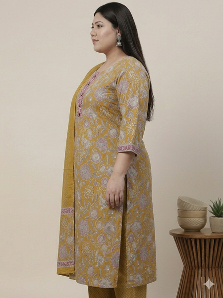 Miramaar Women's Mustard Printed Cotton Straight Kurta Set with Dupatta