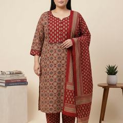 Miramaar Women's Red Printed Cotton Straight Kurta Set with Dupatta
