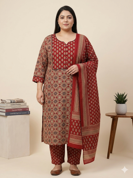Miramaar Women's Red Printed Cotton Straight Kurta Set with Dupatta