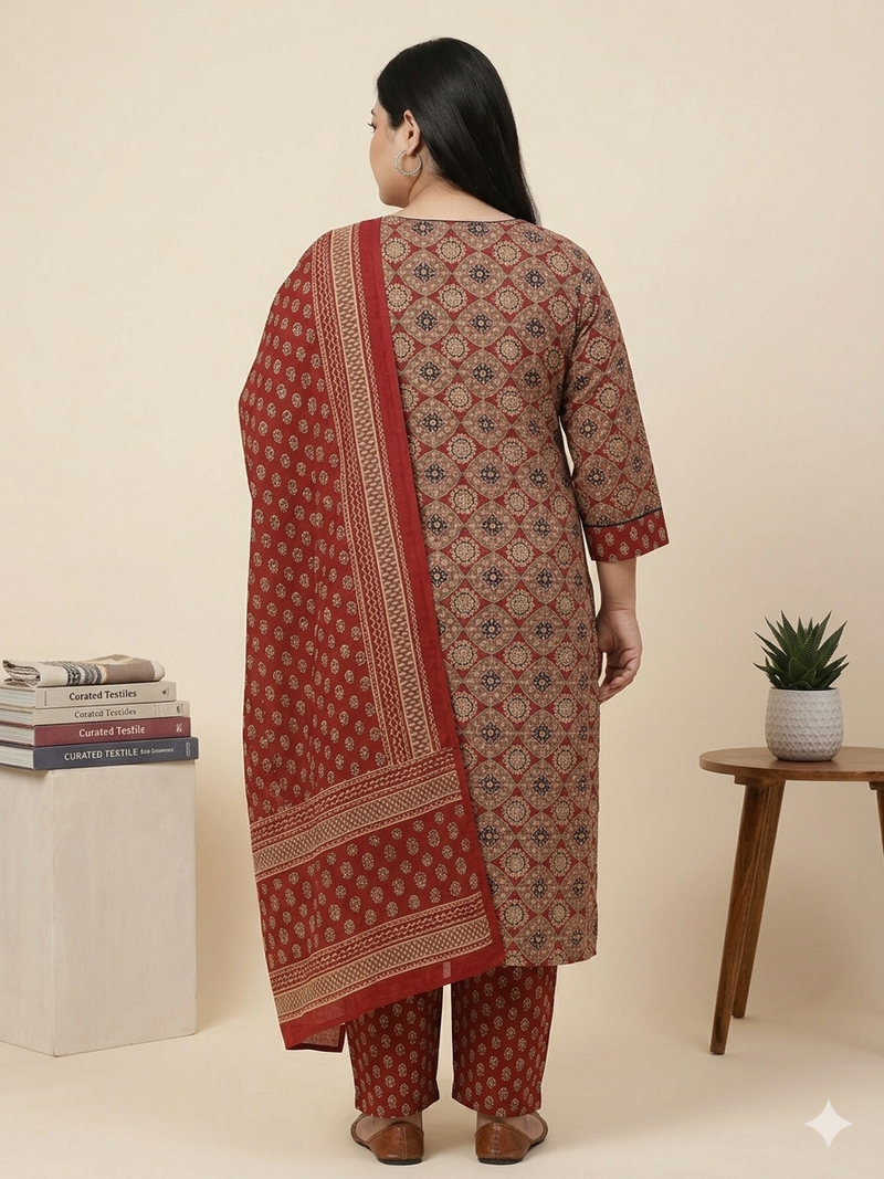 Miramaar Women's Red Printed Cotton Straight Kurta Set with Dupatta