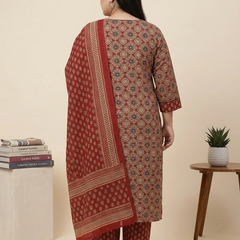 Miramaar Women's Red Printed Cotton Straight Kurta Set with Dupatta