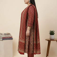 Miramaar Women's Red Printed Cotton Straight Kurta Set with Dupatta