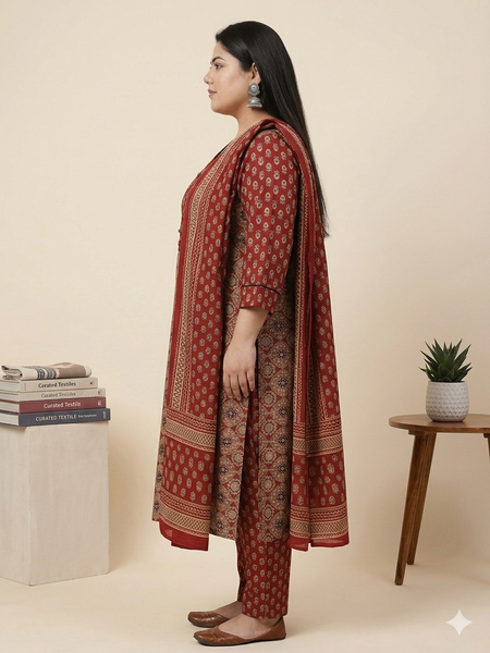 Miramaar Women's Red Printed Cotton Straight Kurta Set with Dupatta