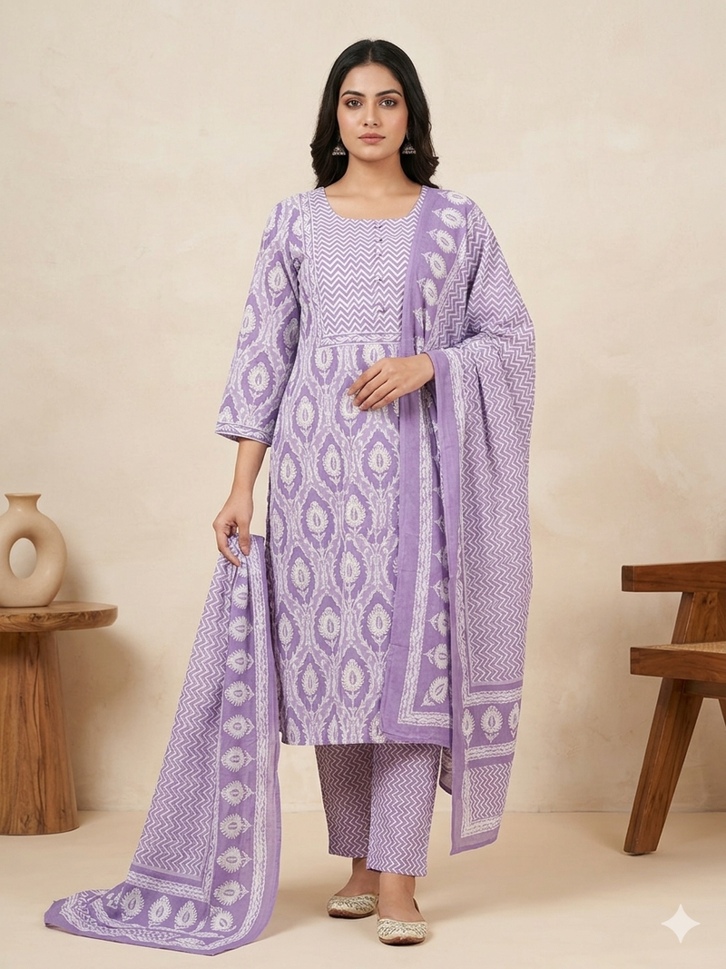 Miramaar Women's Purple Printed Cotton Kurta Set with Dupatta