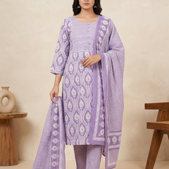 Miramaar Women's Purple Printed Cotton Kurta Set with Dupatta