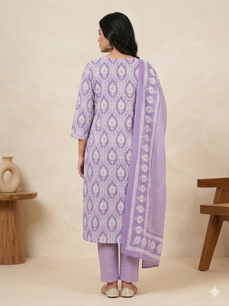 Miramaar Women's Purple Printed Cotton Kurta Set with Dupatta