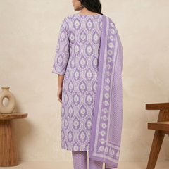 Miramaar Women's Purple Printed Cotton Kurta Set with Dupatta