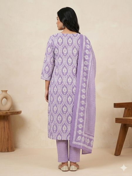 Miramaar Women's Purple Printed Cotton Kurta Set with Dupatta